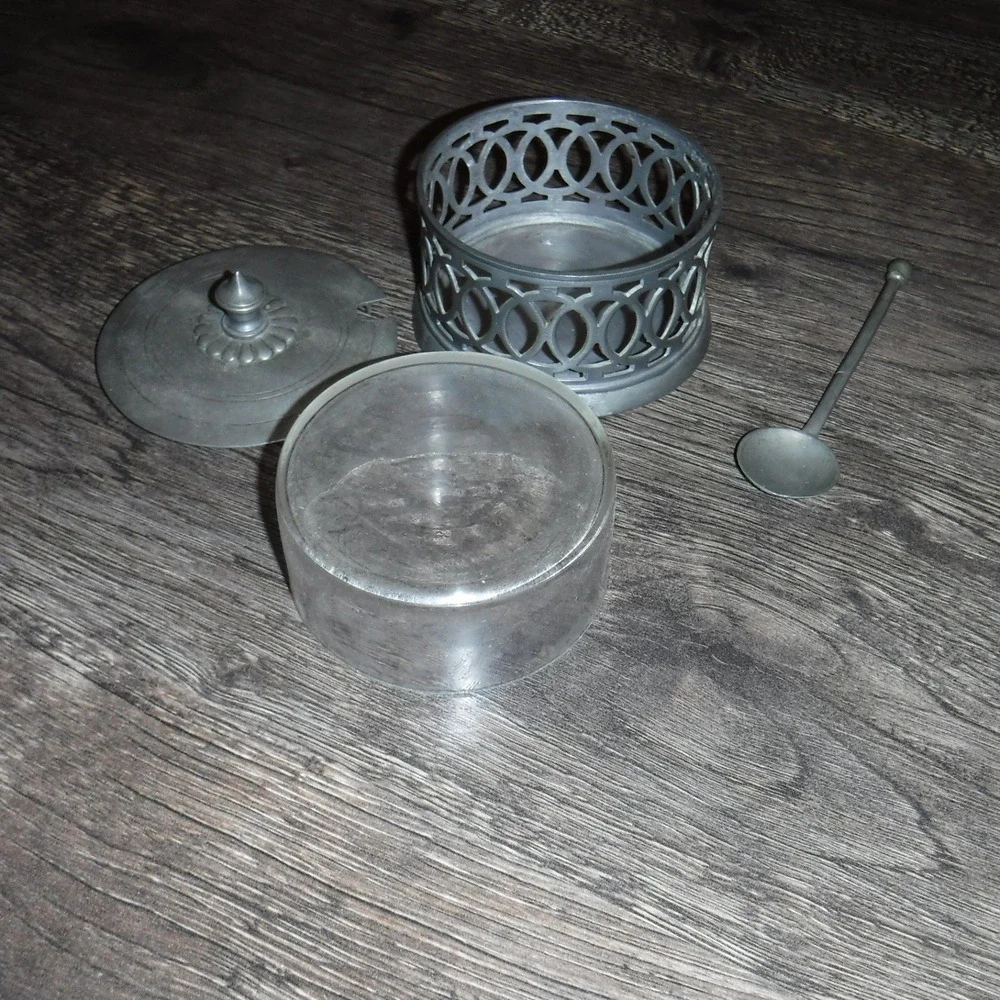 Vintage Pewter Sugar Bowl with Spoon Ornate‎ Lattice Lid